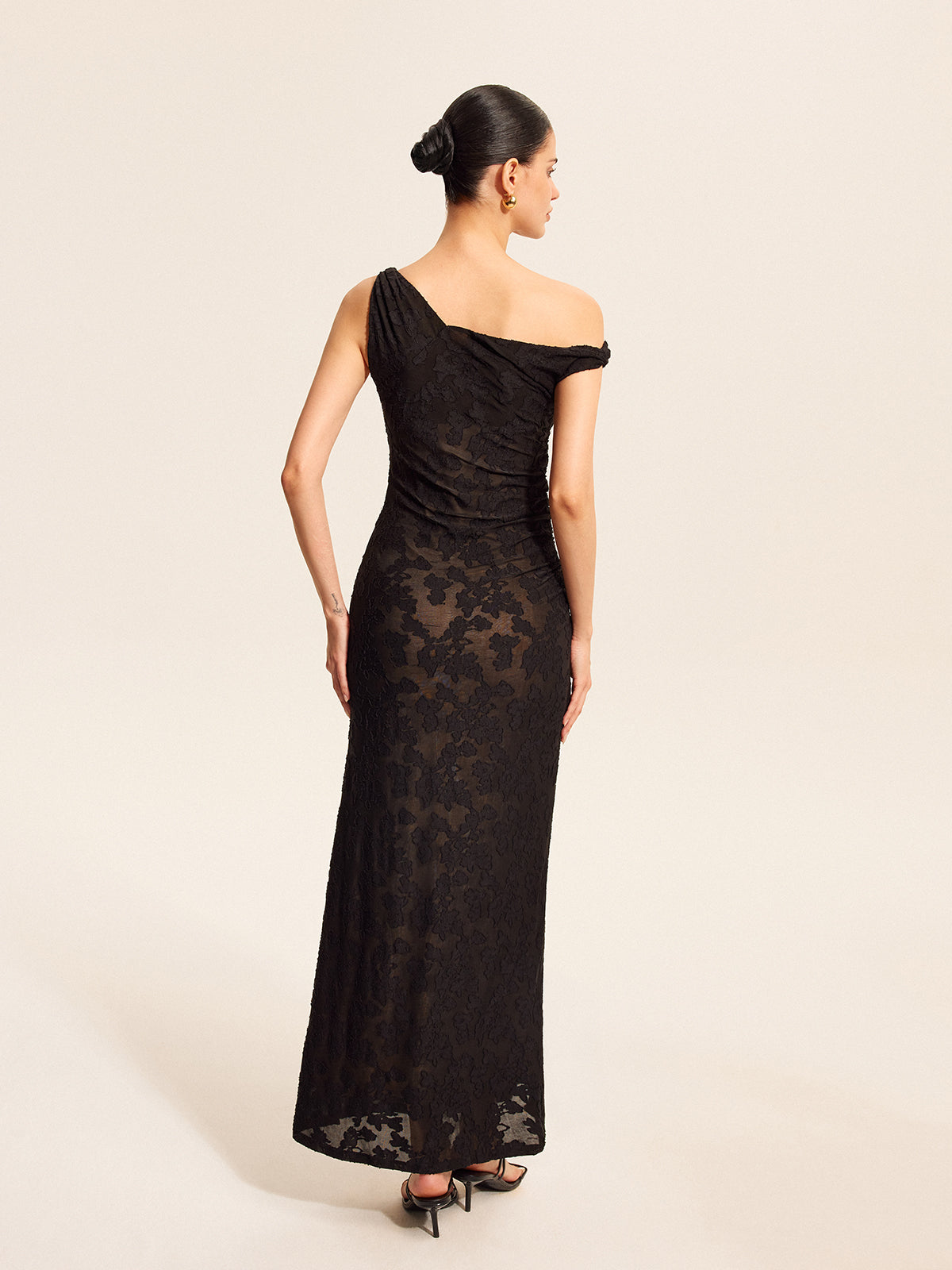Semi-Sheer Lace One-Shoulder Maxi Dress
