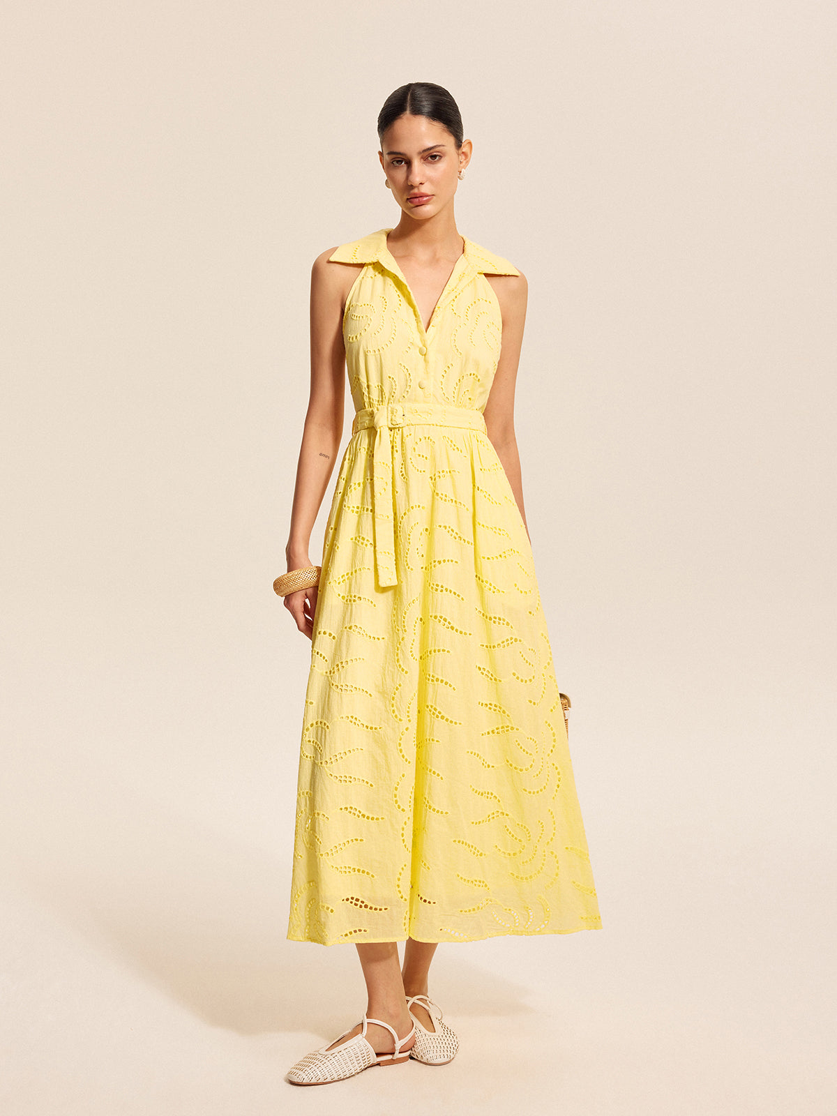 Cotton Belted Embroidered Dress