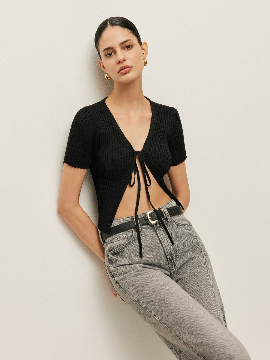 Ribbed Tie Front Short Sleeve Top
