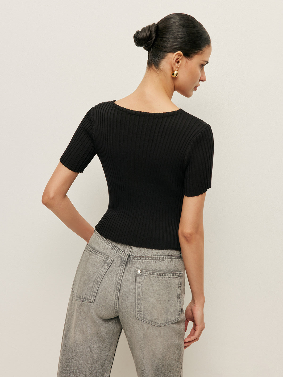 Ribbed Tie Front Short Sleeve Top