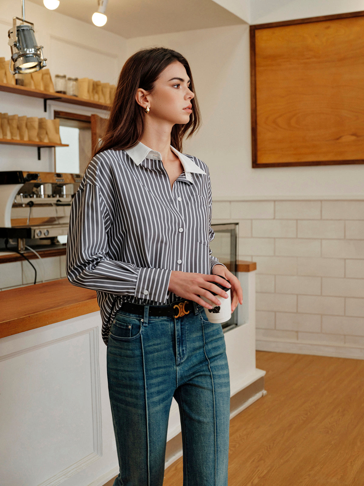 Striped Contrast Collar Button-Up Shirt