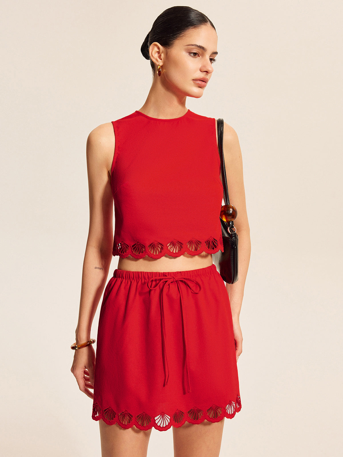 Ensemble jupe en coton et lin à bordure festonnée