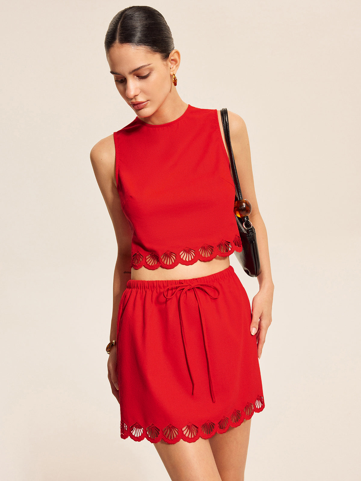 Ensemble jupe en coton et lin à bordure festonnée