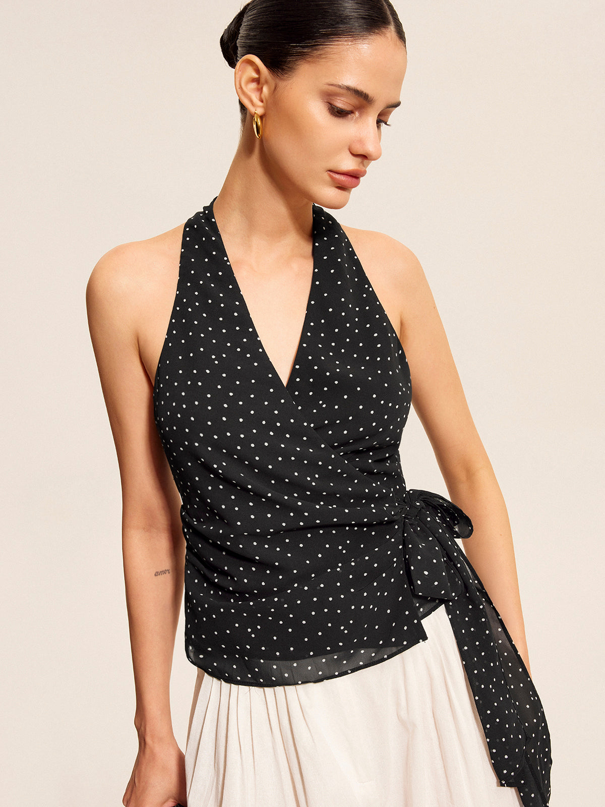 Polka Dot Wrap Tie Halter Top