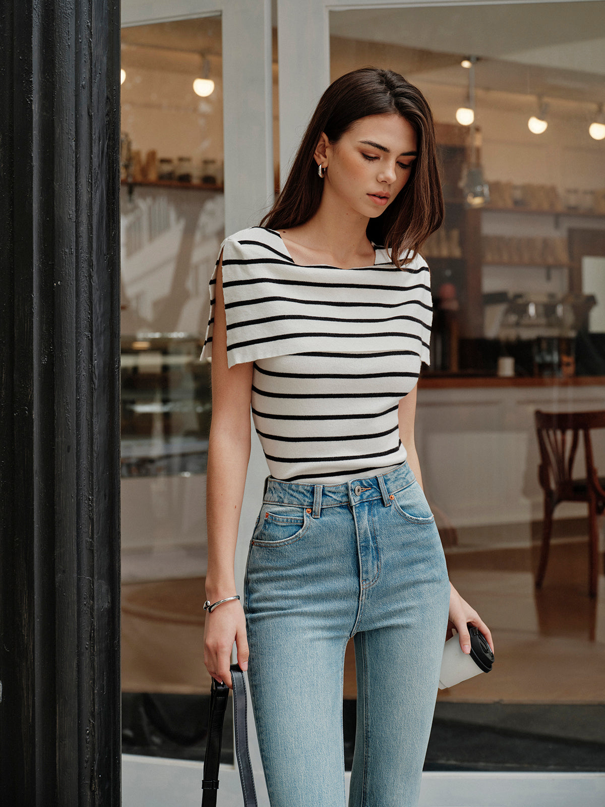 Striped Shawl-Collar Knit Top