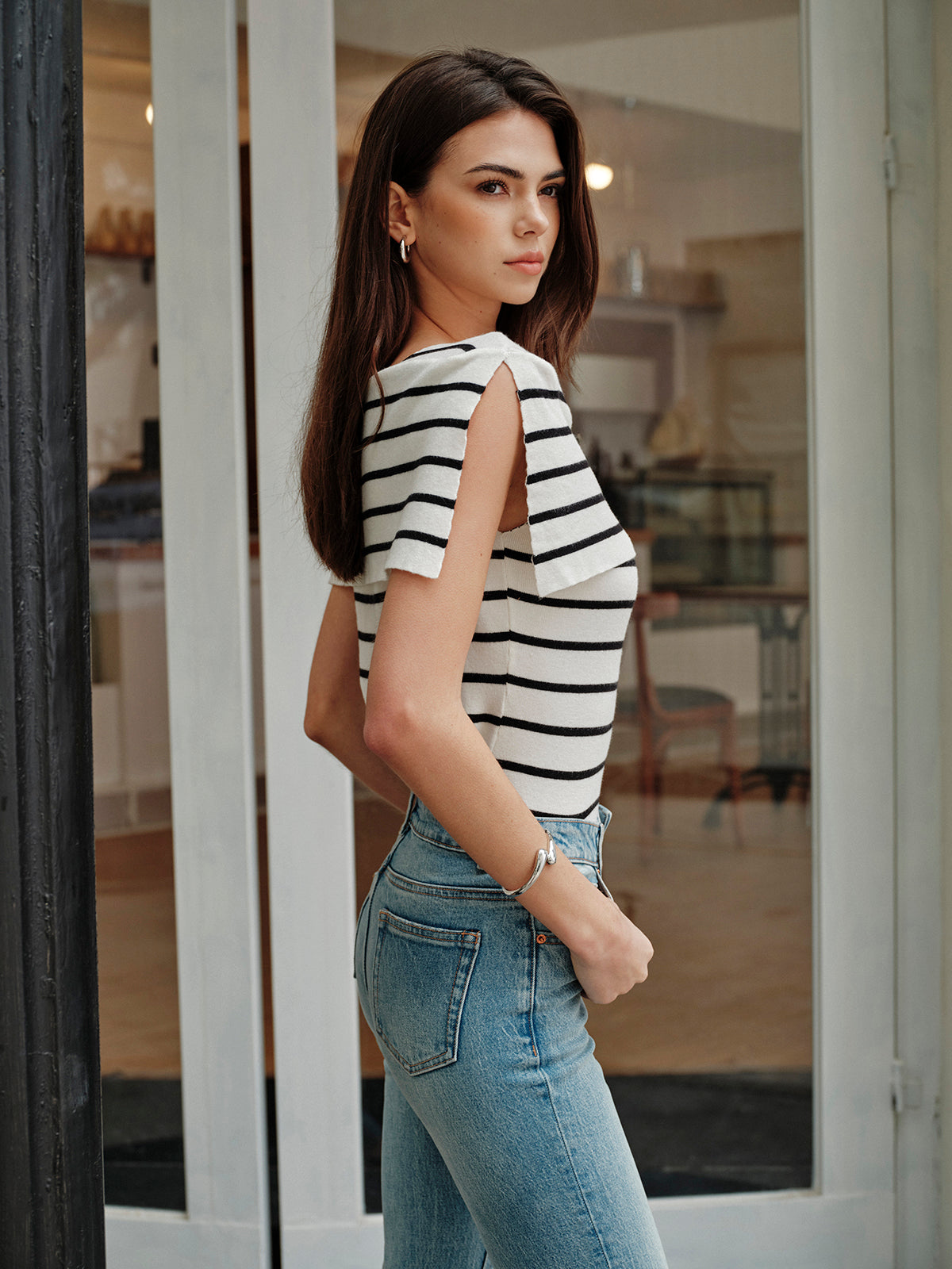 Striped Shawl-Collar Knit Top