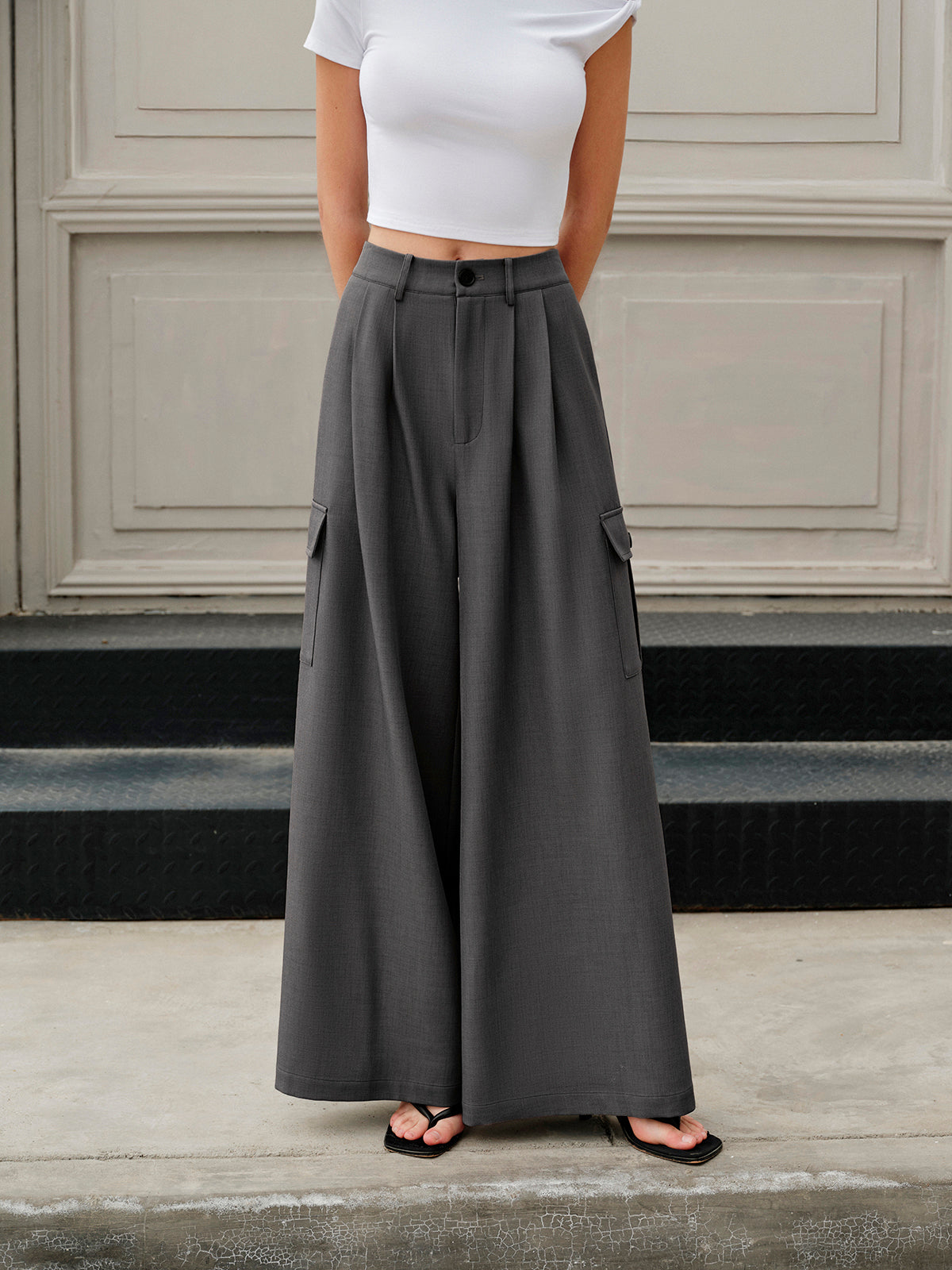 High-Waist-Taschen Weite Beine Hose