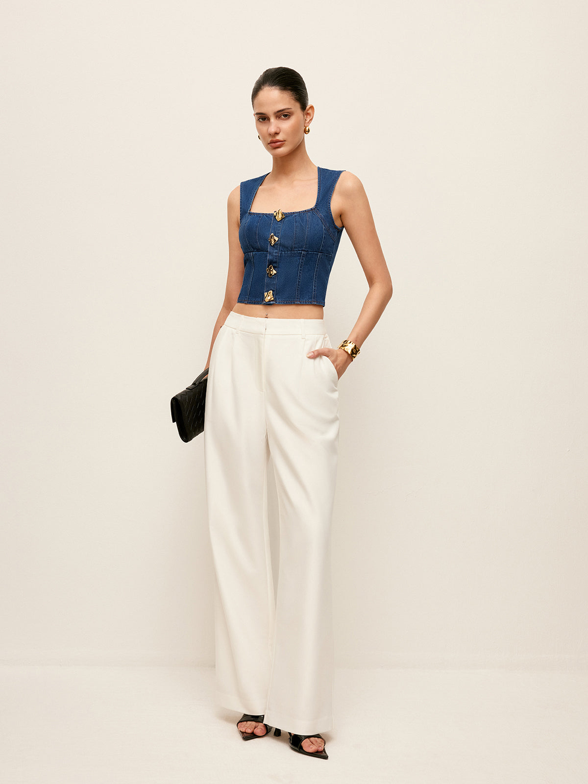 Baumwoll-Denimtop mit eckigem Ausschnitt und Knopfleiste