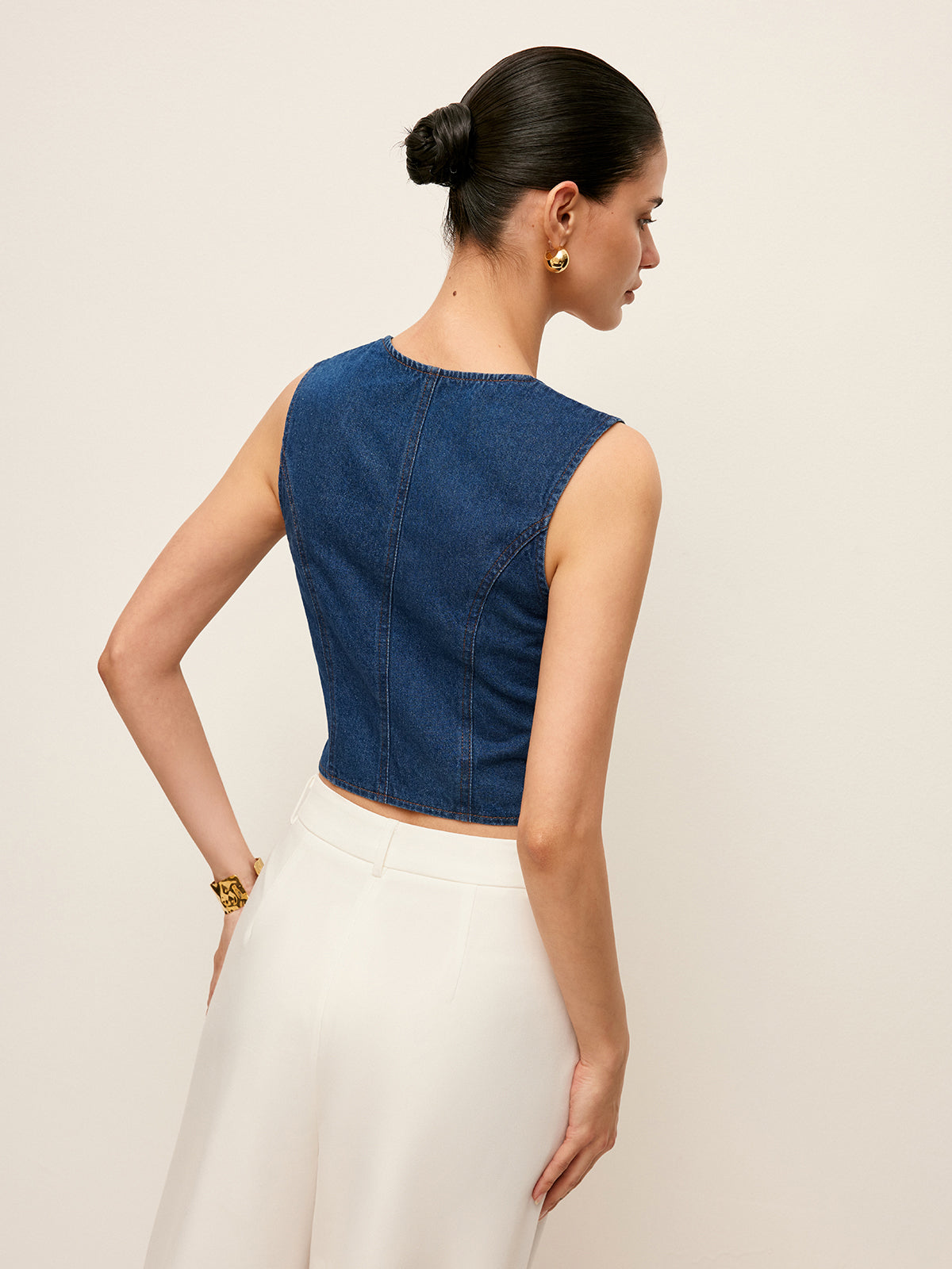 Baumwoll-Denimtop mit eckigem Ausschnitt und Knopfleiste