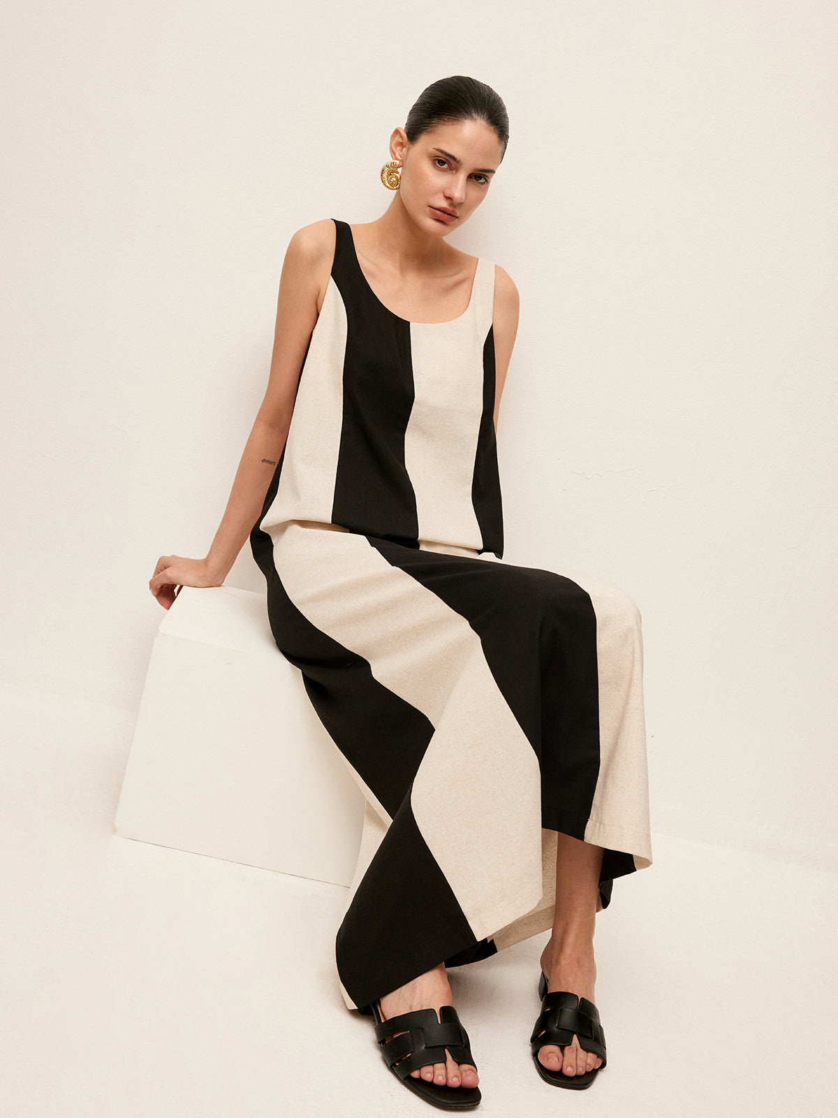 Robe sans manches rayée en coton et lin