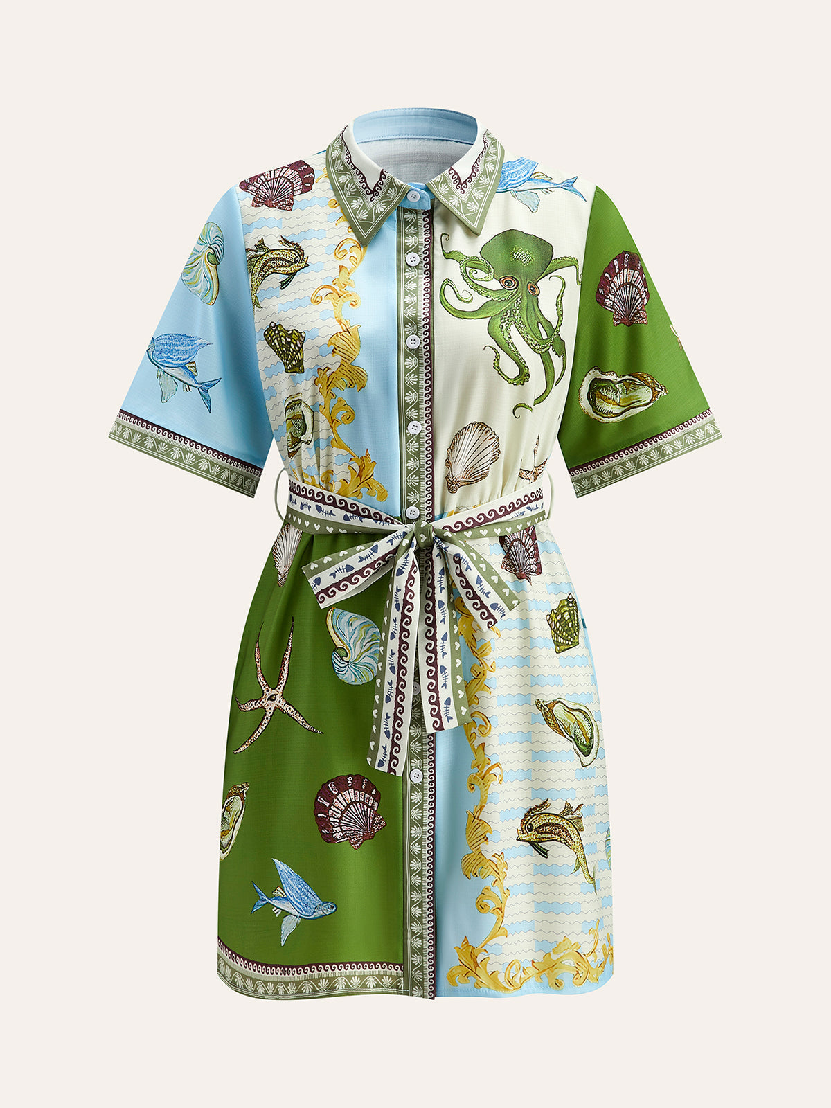 Button-Down Collar Aquatic-Print Shirt With Belt