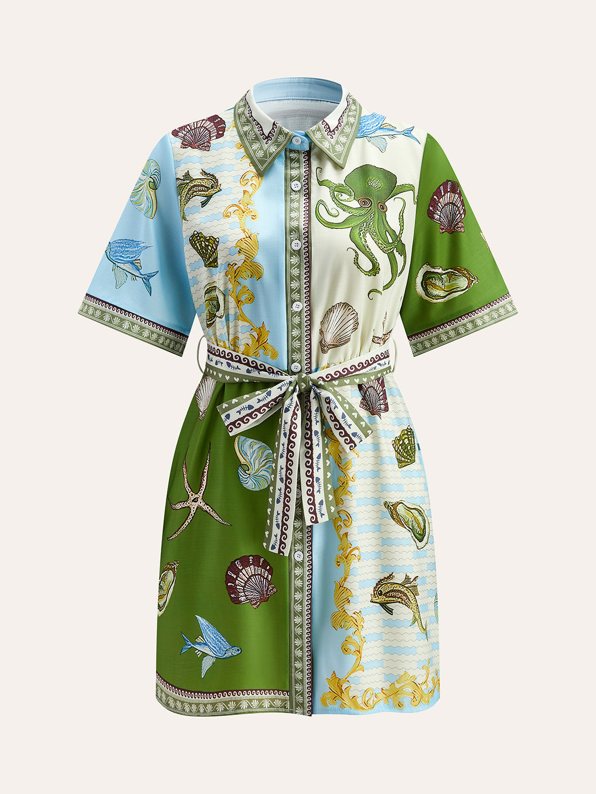 Chemise à col boutonné et imprimé aquatique avec ceinture