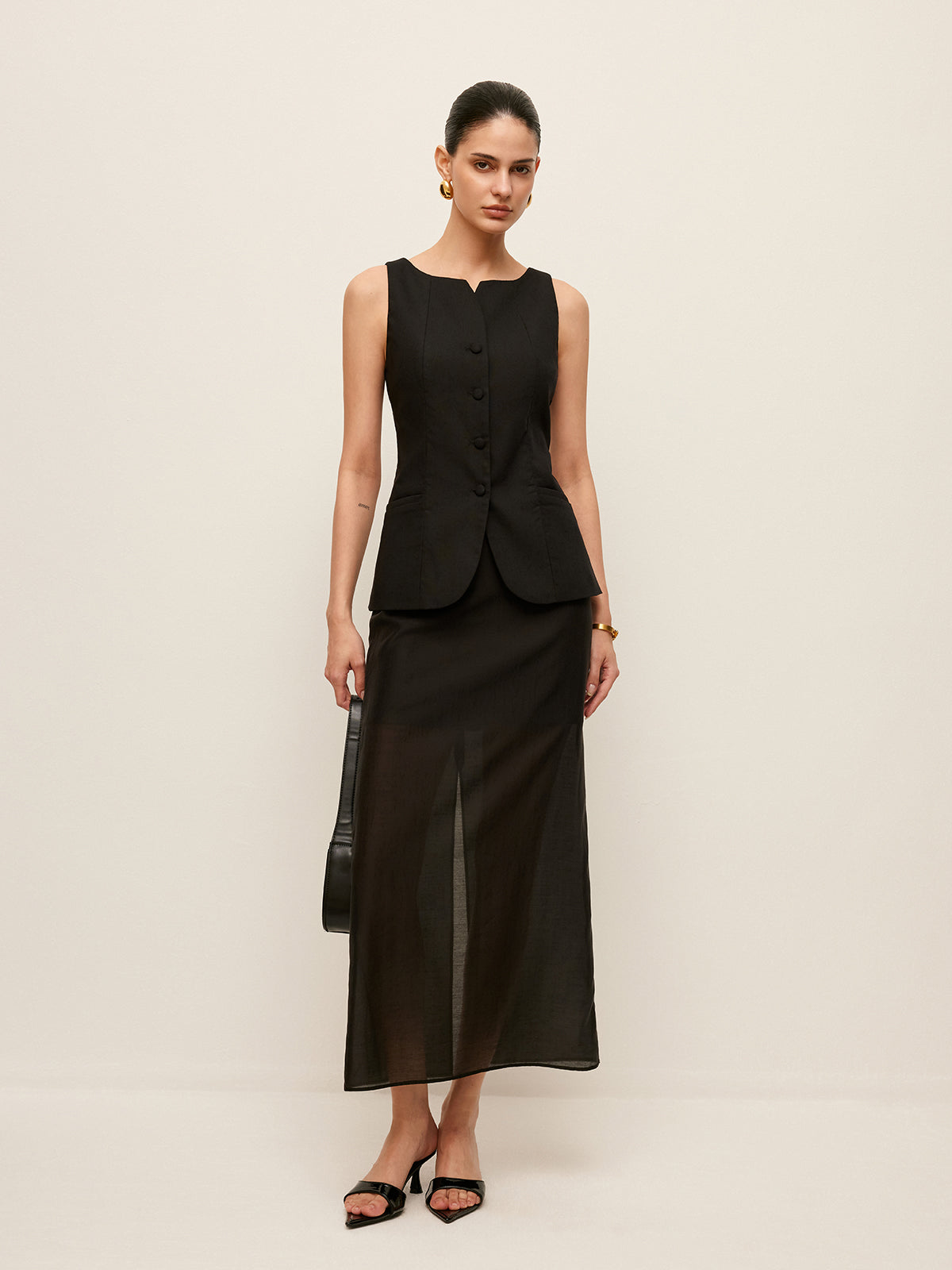 Cotton & Linen Button-Front Vest Without Belt