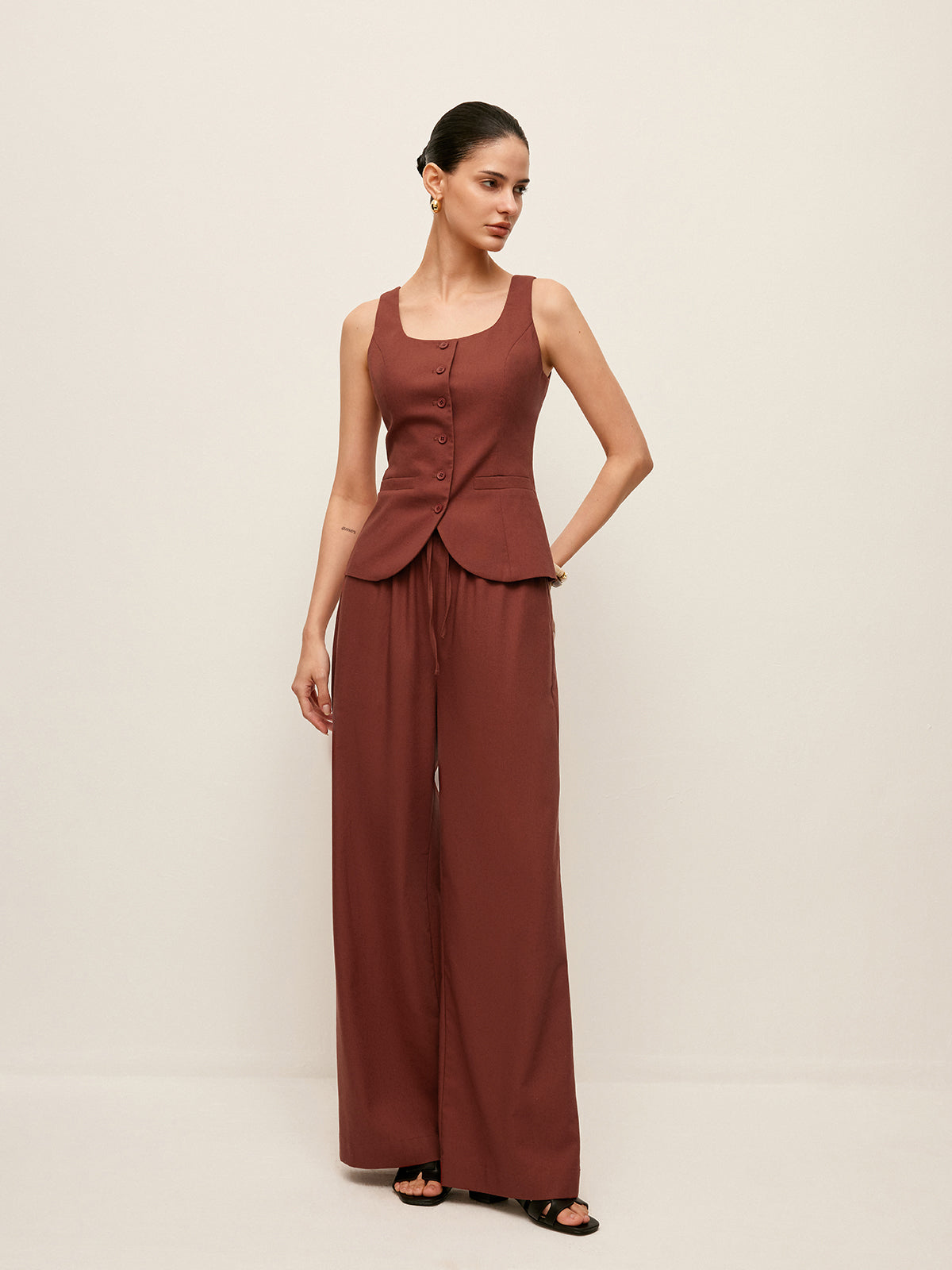Cotton & Linen Tied Back Vest With Drawstring Pants Set