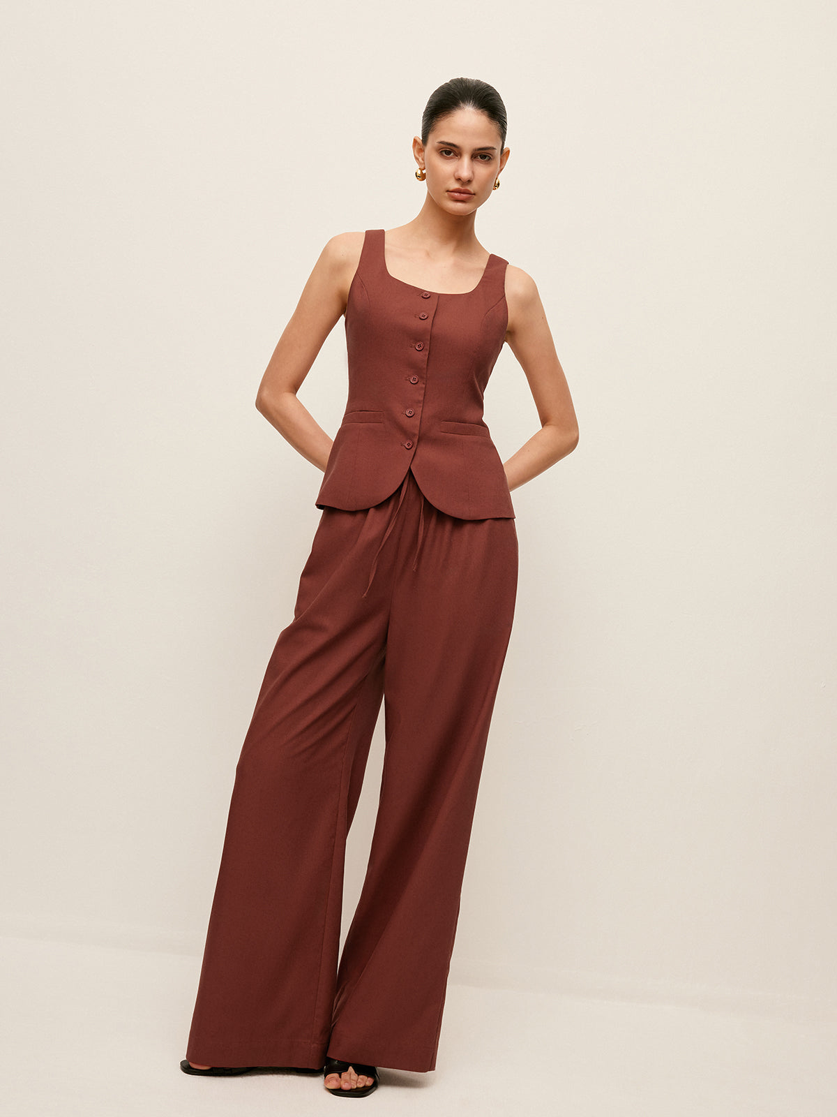 Cotton & Linen Tied Back Vest With Drawstring Pants Set