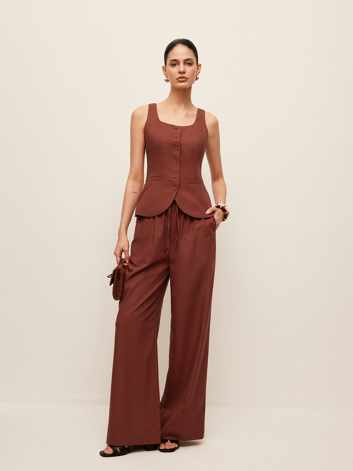 Cotton & Linen Tied Back Vest With Drawstring Pants Set