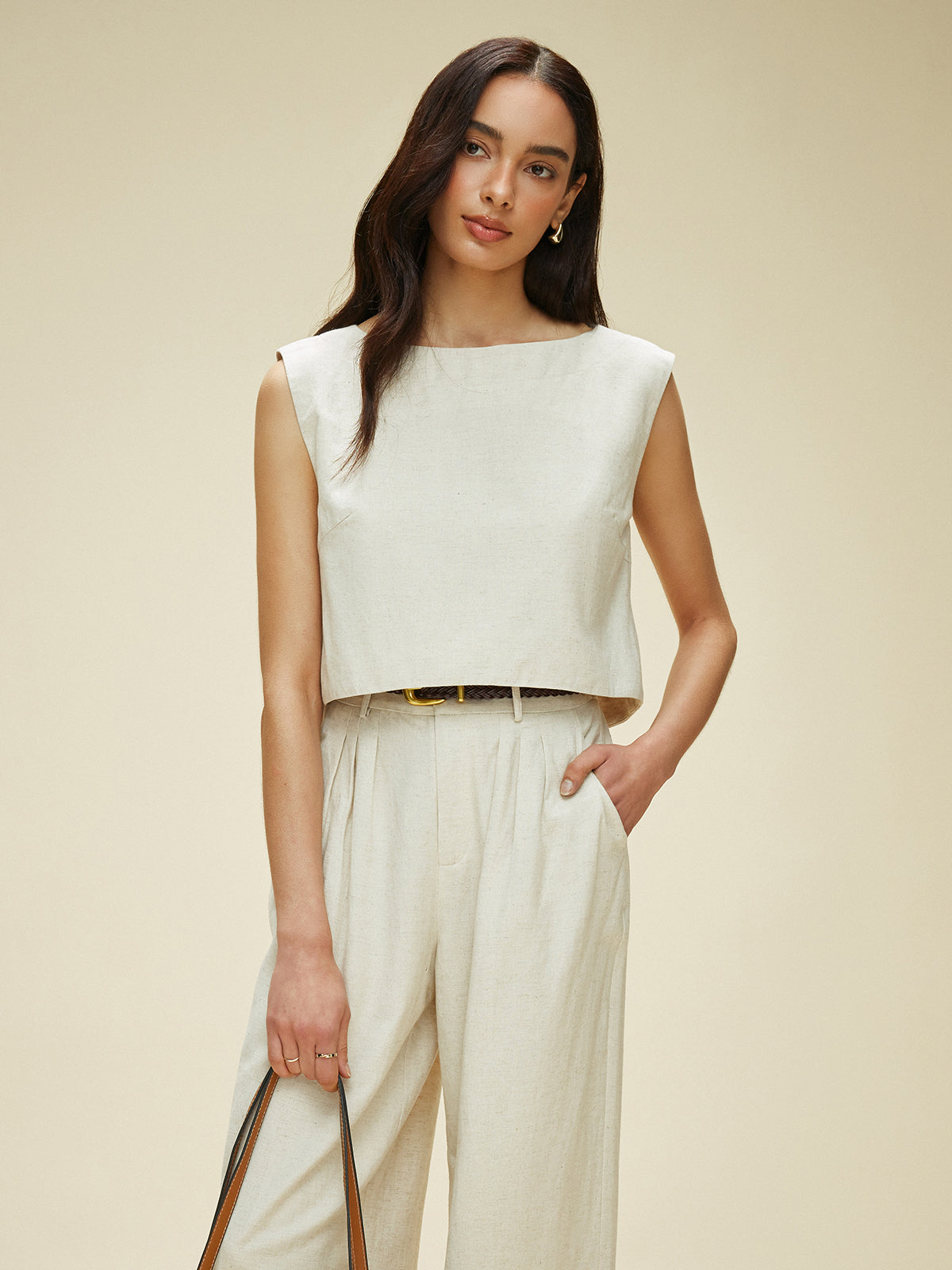 Cotton & Linen Sleeveless Pockets Pants Set Without Belt