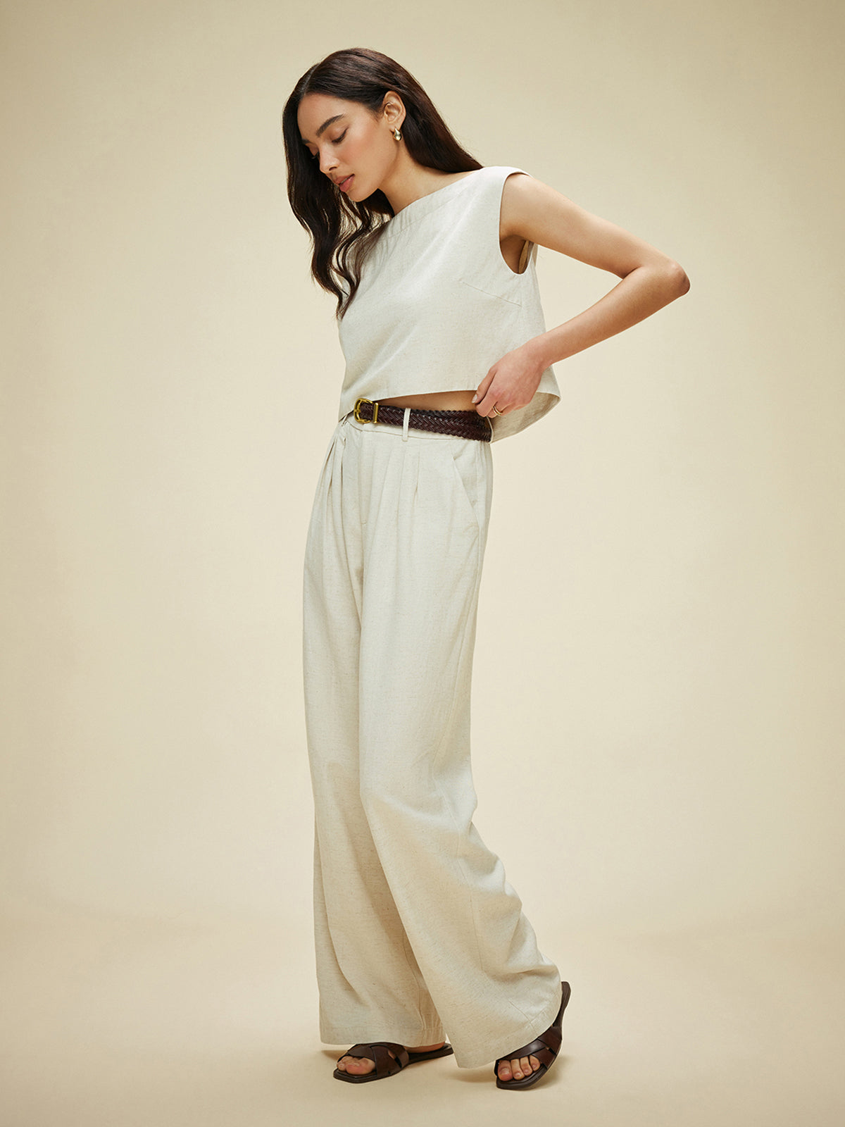Ensemble sans manches en coton et lin avec poches et sans ceinture