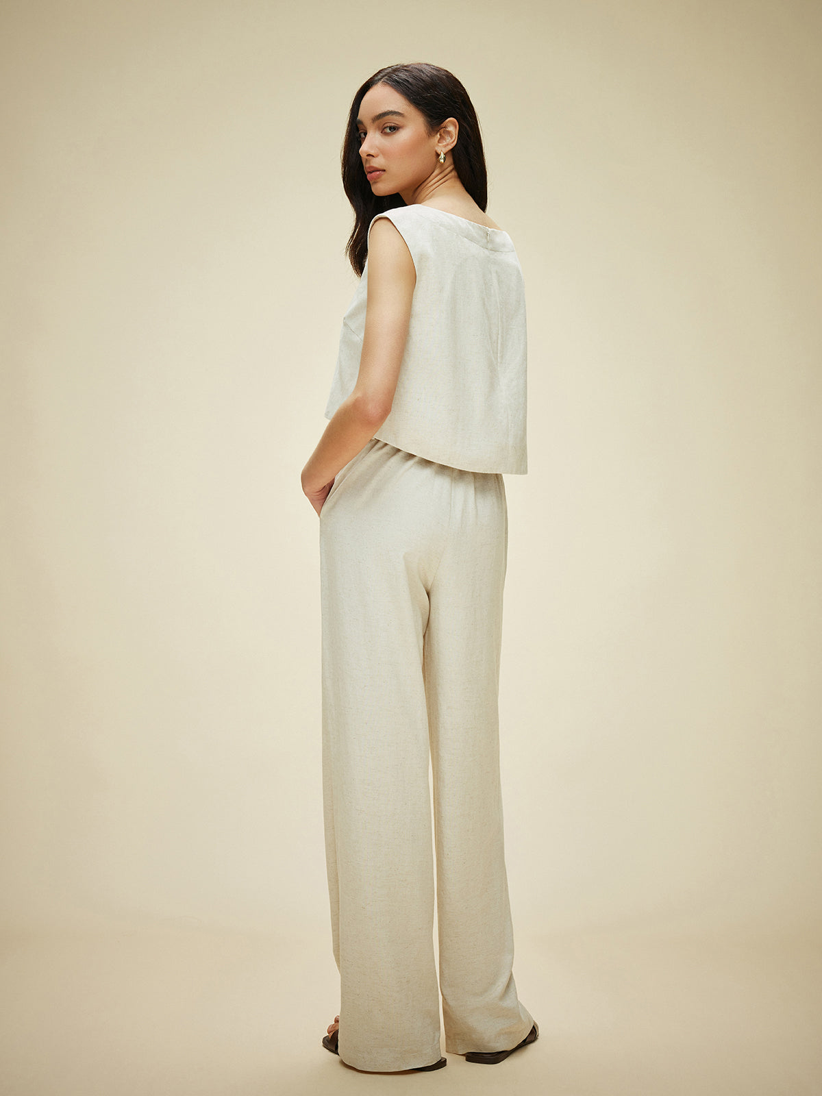 Cotton & Linen Sleeveless Pockets Pants Set Without Belt