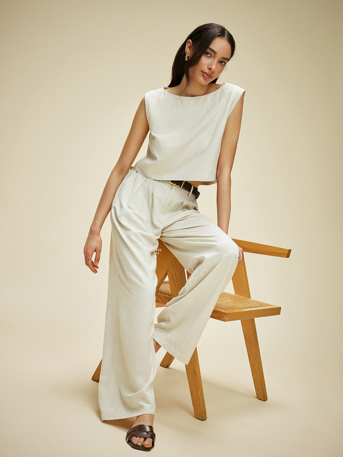 Ensemble sans manches en coton et lin avec poches et sans ceinture