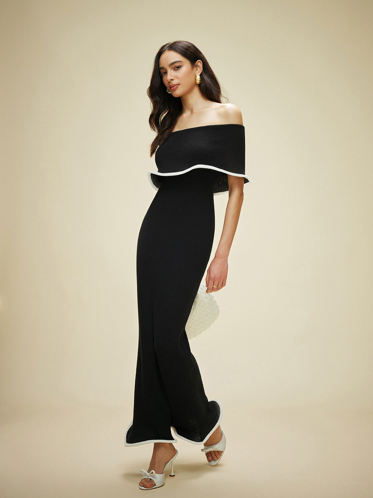 Color Block Off-Shoulder Ruffled Knit Dress