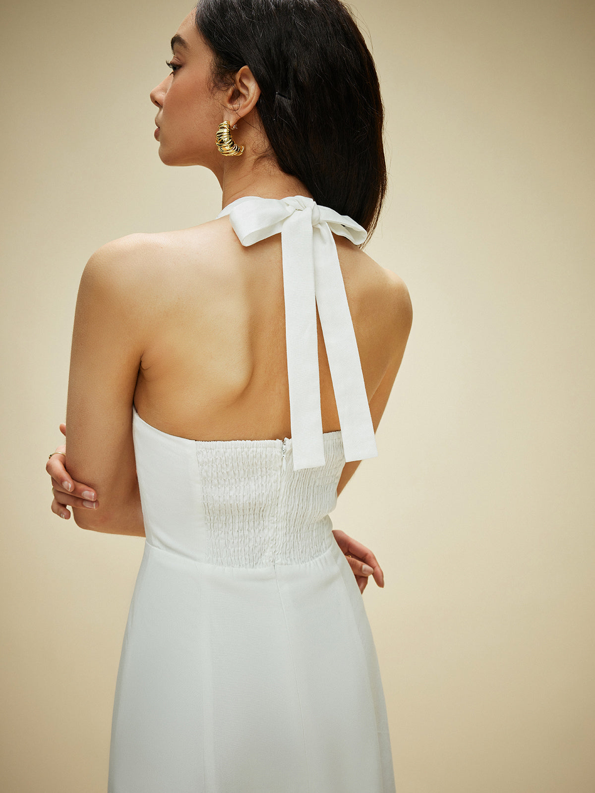 Robe à col licou avec nœud en coton et lin