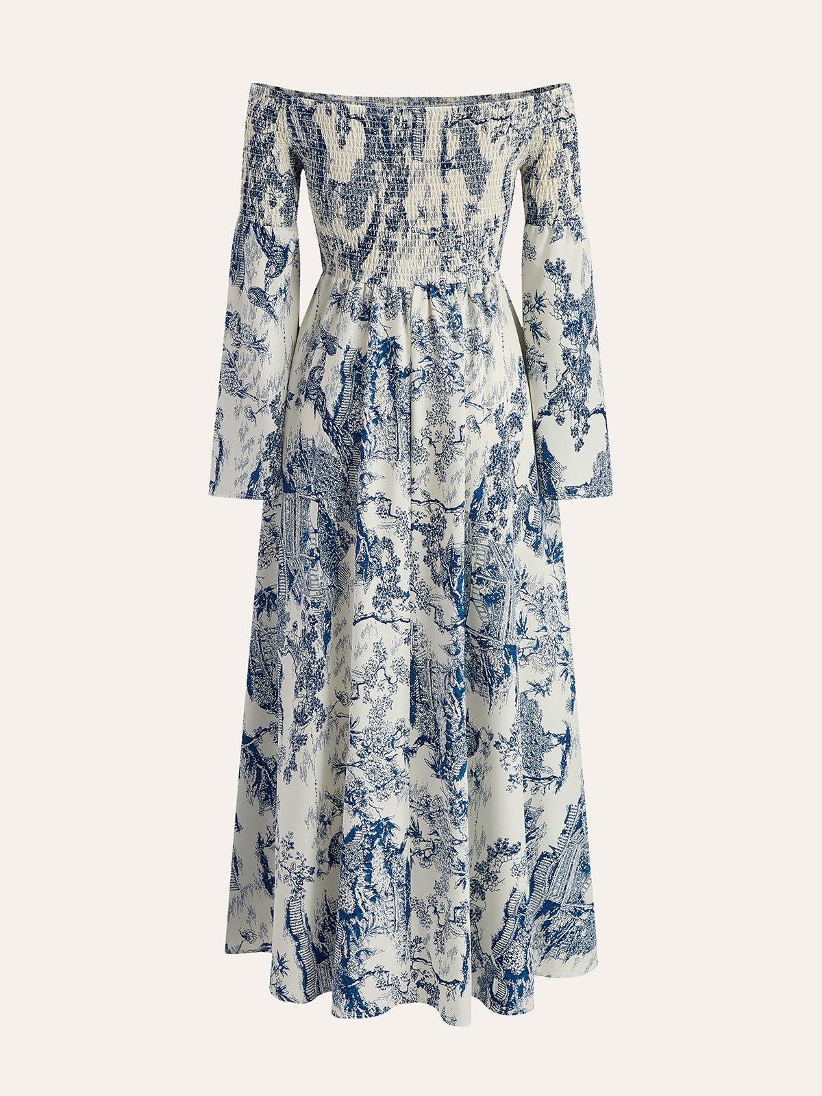 Bedrucktes schulterfreies Kleid mit gerafften Ärmeln
