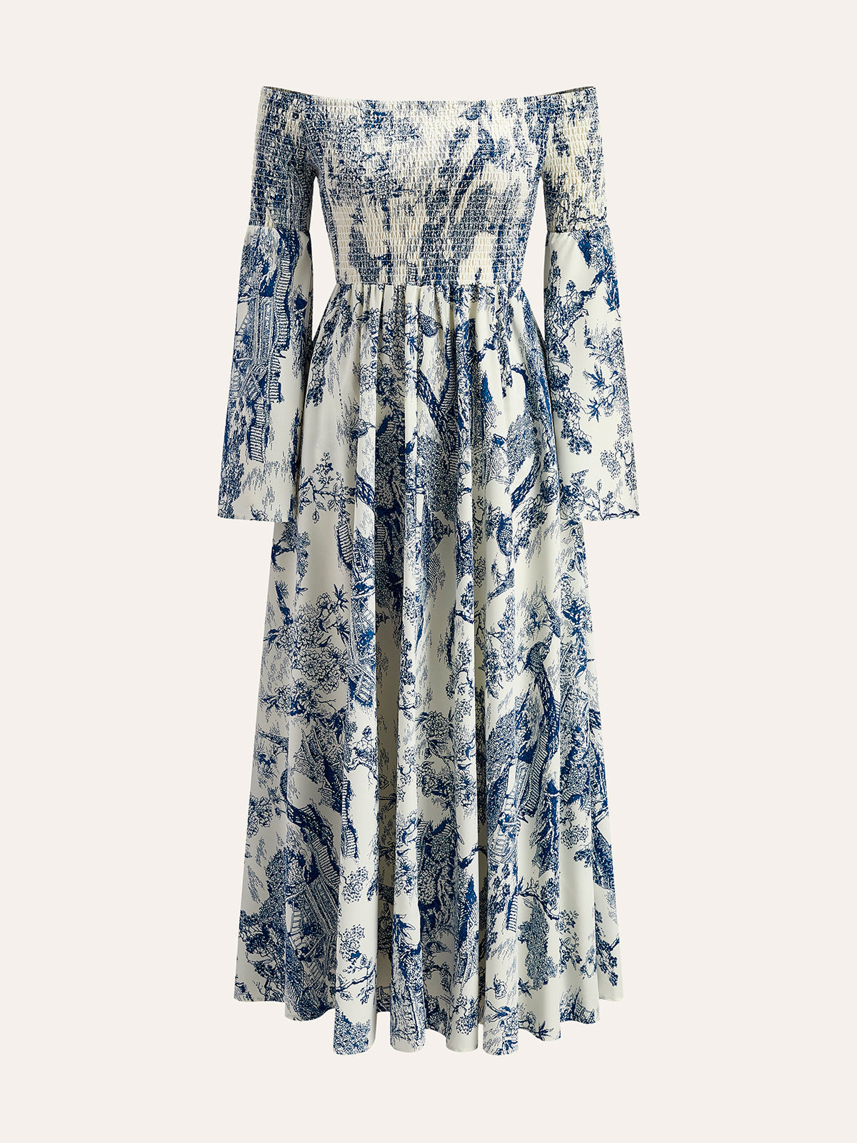 Bedrucktes schulterfreies Kleid mit gerafften Ärmeln