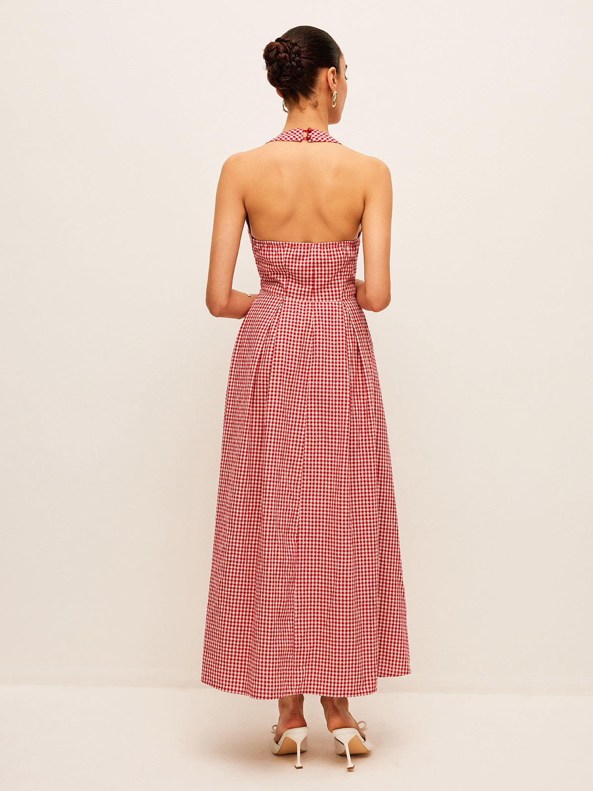 Baumwoll-Leinen-Neckholderkleid mit Karomuster