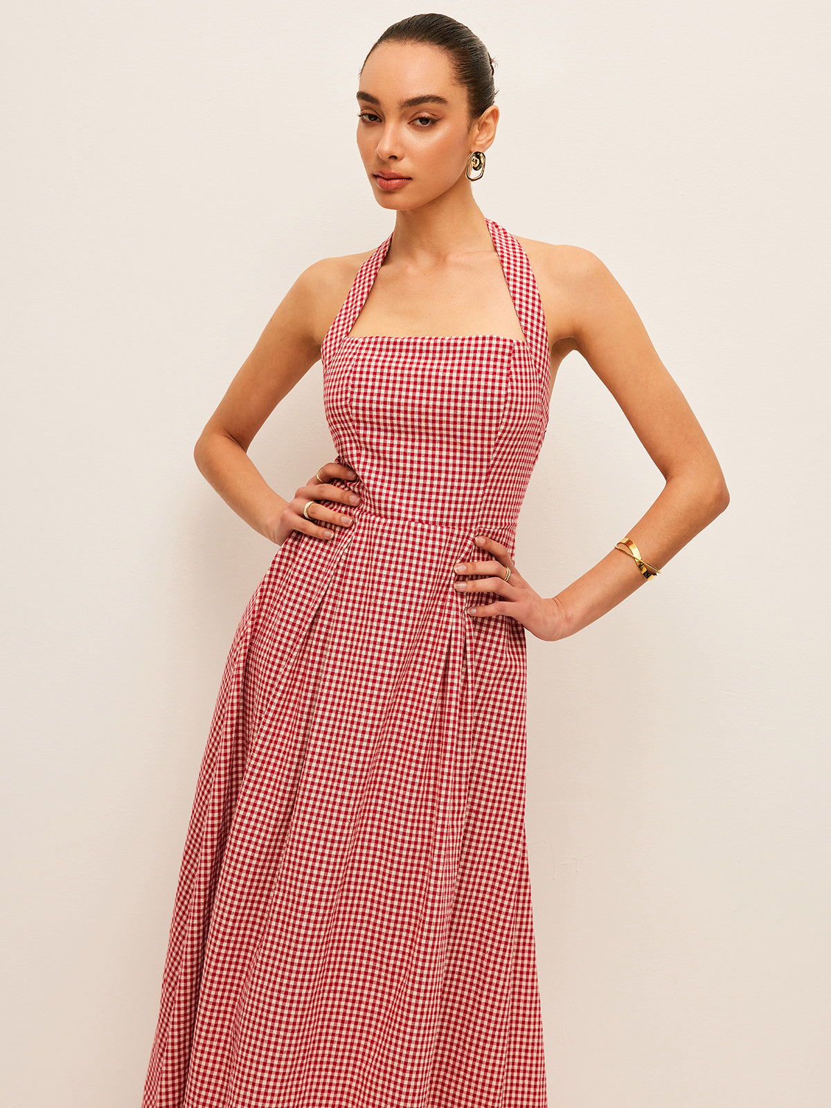 Cotton & Linen Plaid Halter Dress