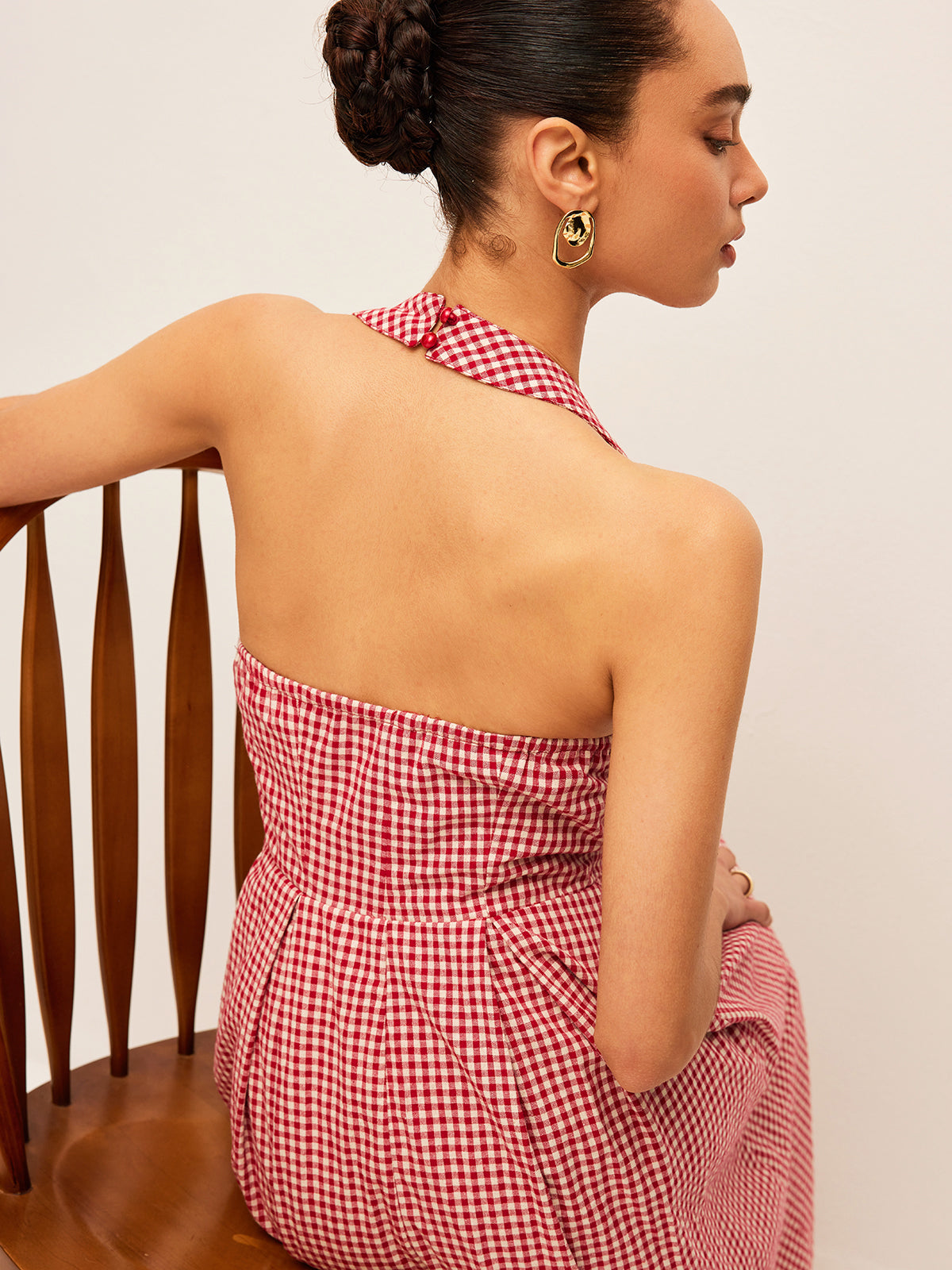 Baumwoll-Leinen-Neckholderkleid mit Karomuster