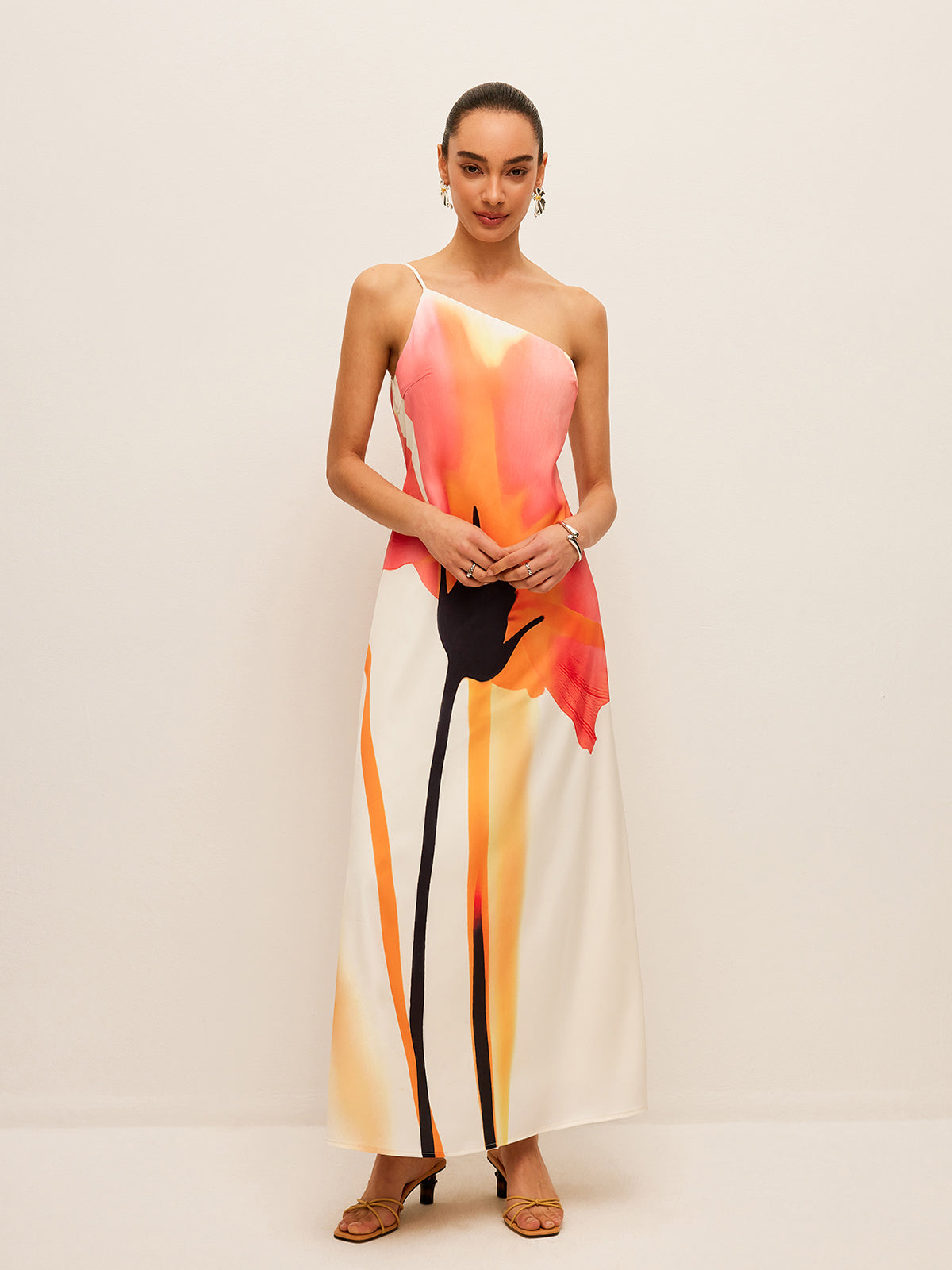 Asymmetrical Floral Print Tied Back Dress