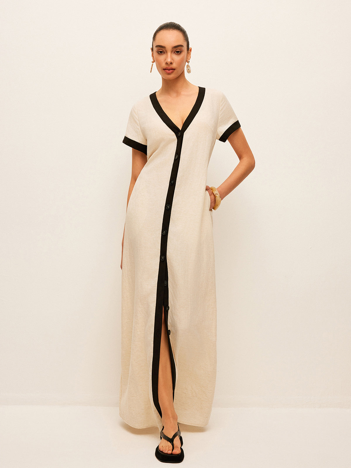 Robe fendue en coton et lin à liseré contrastant