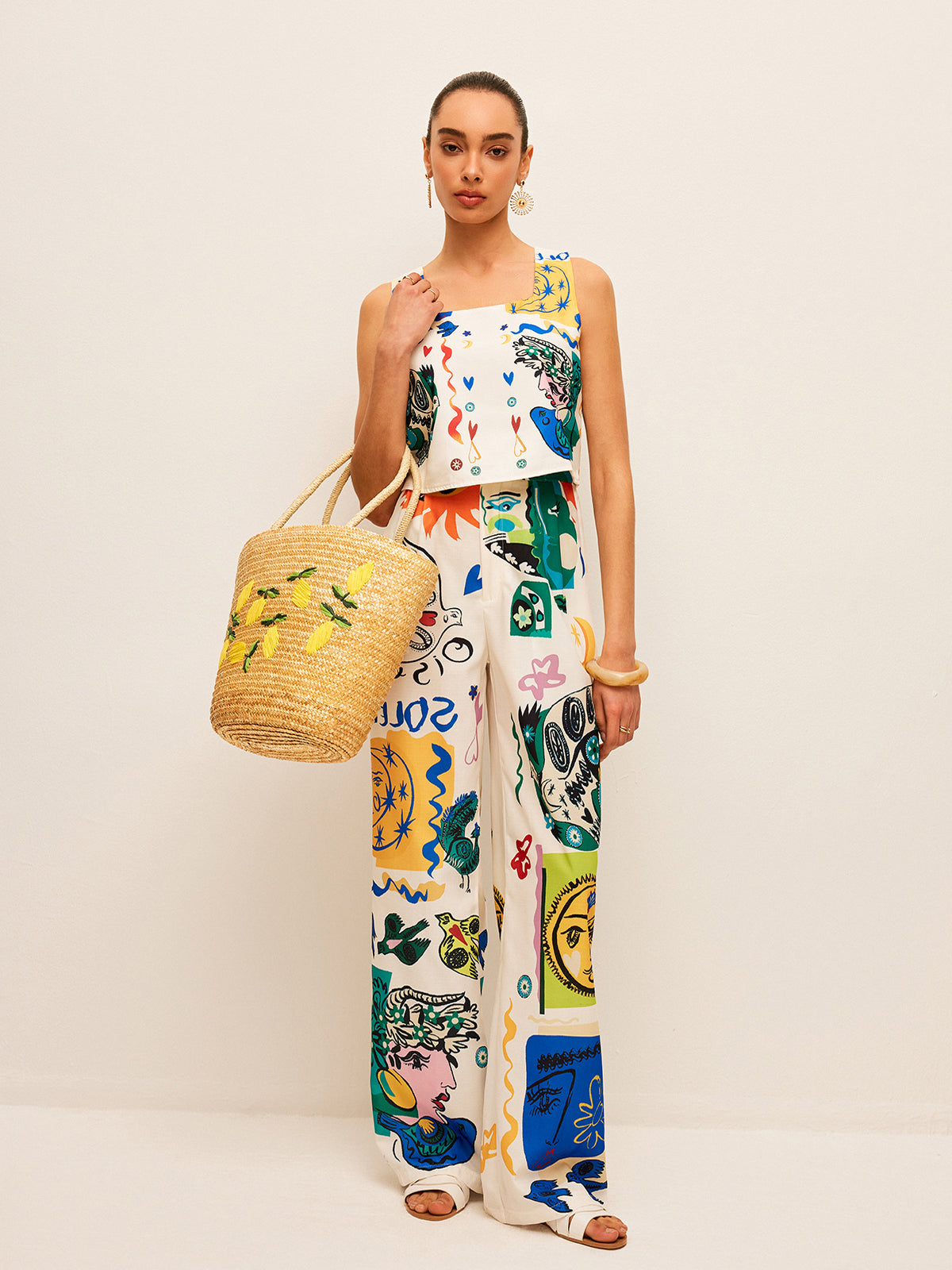 Ensemble haut court imprimé graphique et pantalon large