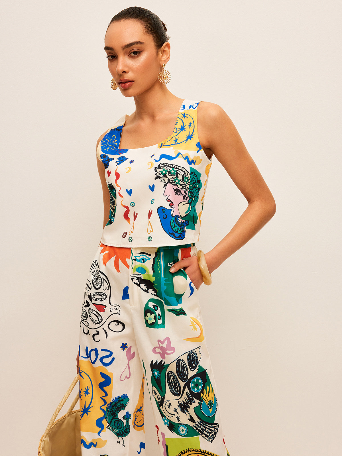 Graphic Print Crop Top With Wide-Leg Pants Set