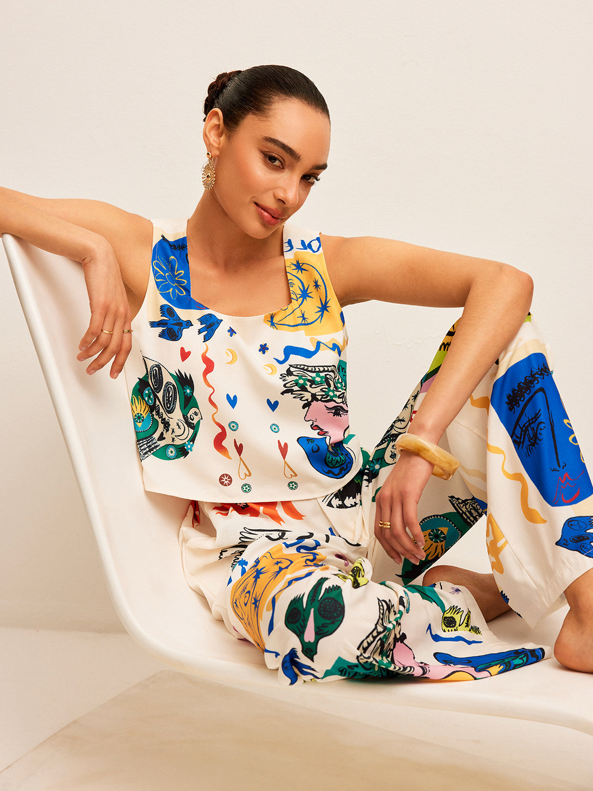 Ensemble haut court imprimé graphique et pantalon large