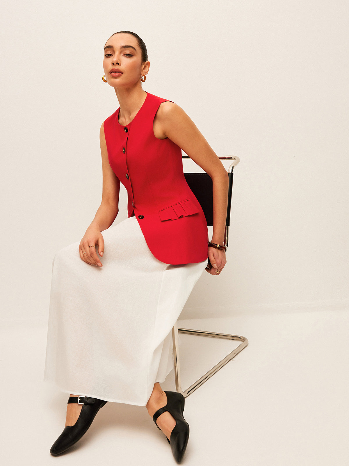 Baumwoll-Leinen-Weste mit Knopfleiste