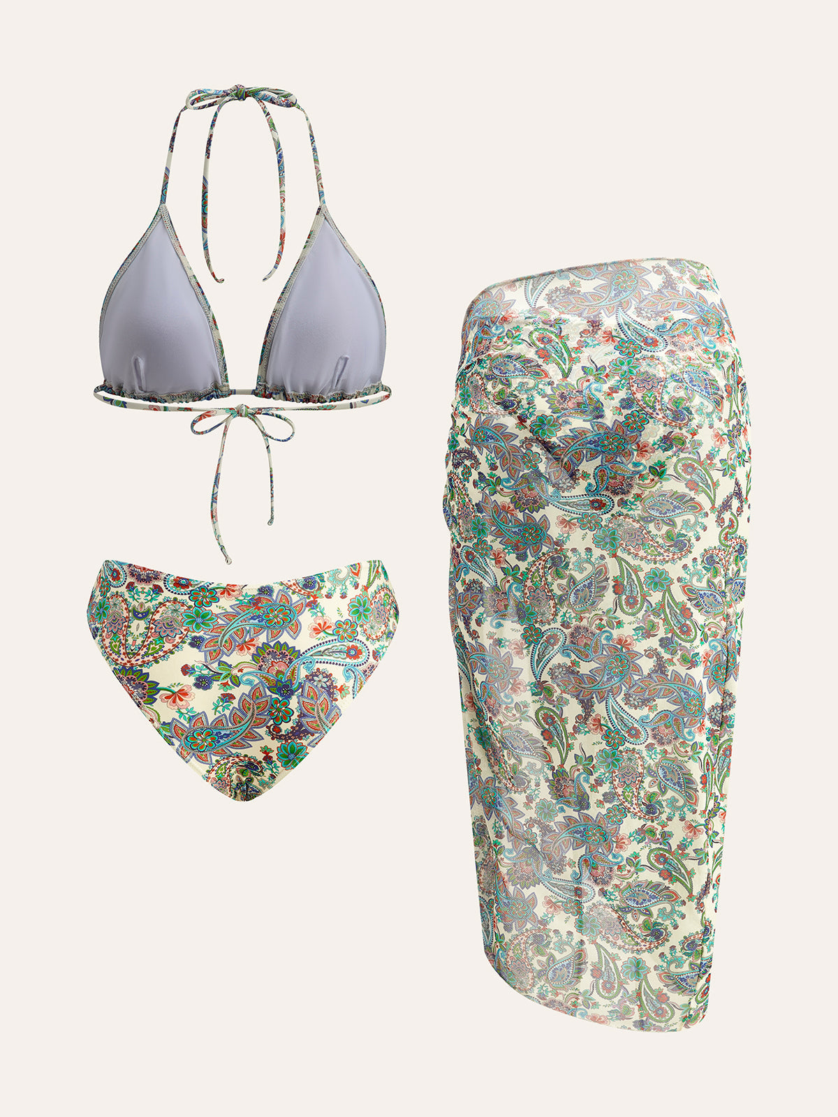 Bikini-Set mit Bindebändern am Rücken und passendem Überwurf mit Paisley-Muster