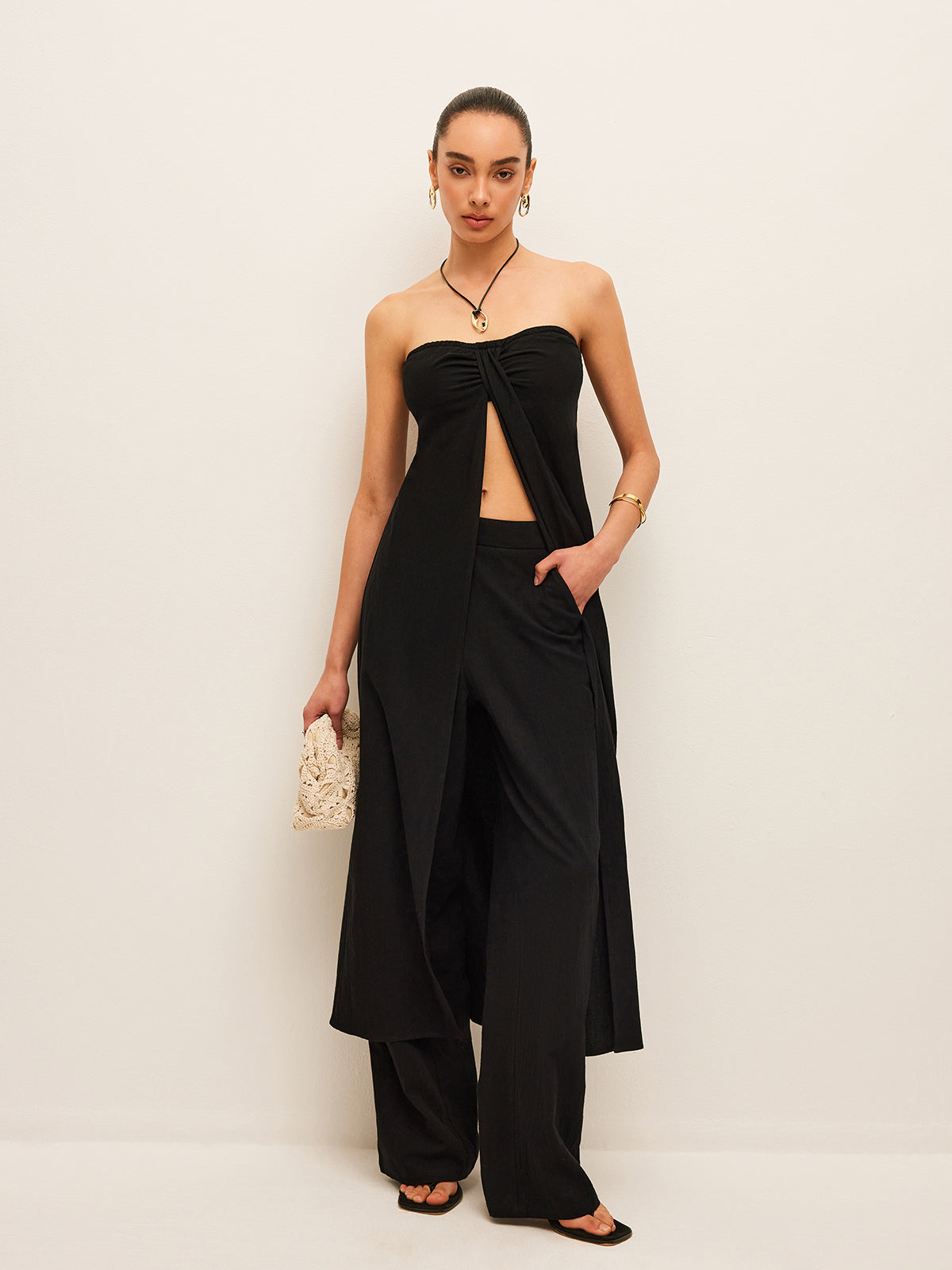 Set aus Baumwoll-Leinen-Top mit Bindedetail und Hose
