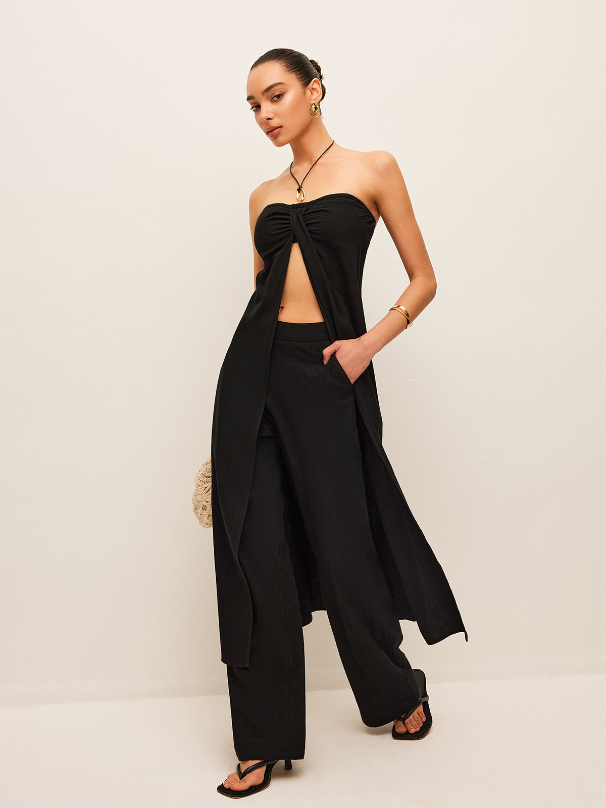 Set aus Baumwoll-Leinen-Top mit Bindedetail und Hose