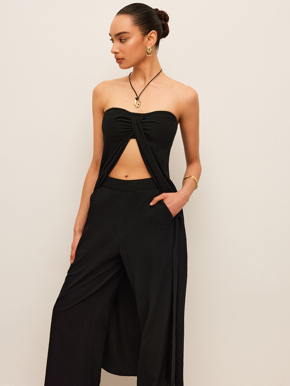 Set aus Baumwoll-Leinen-Top mit Bindedetail und Hose
