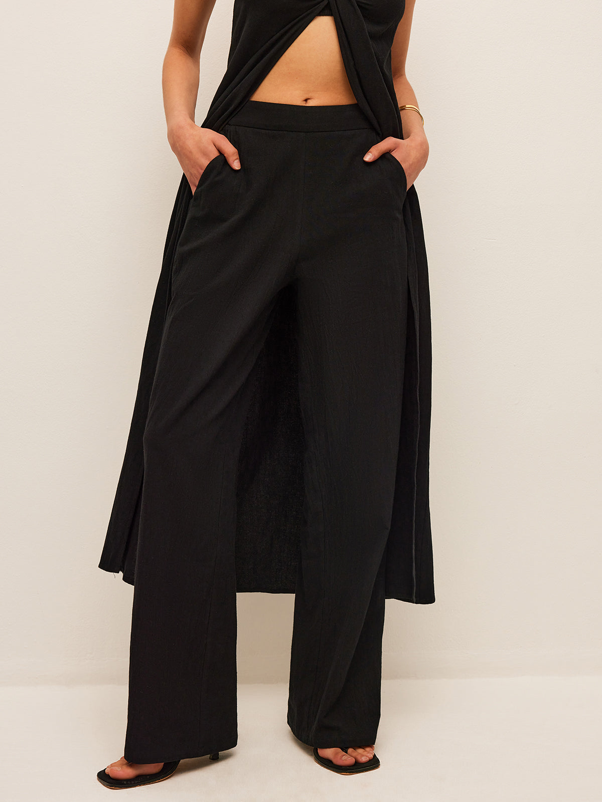 Set aus Baumwoll-Leinen-Top mit Bindedetail und Hose
