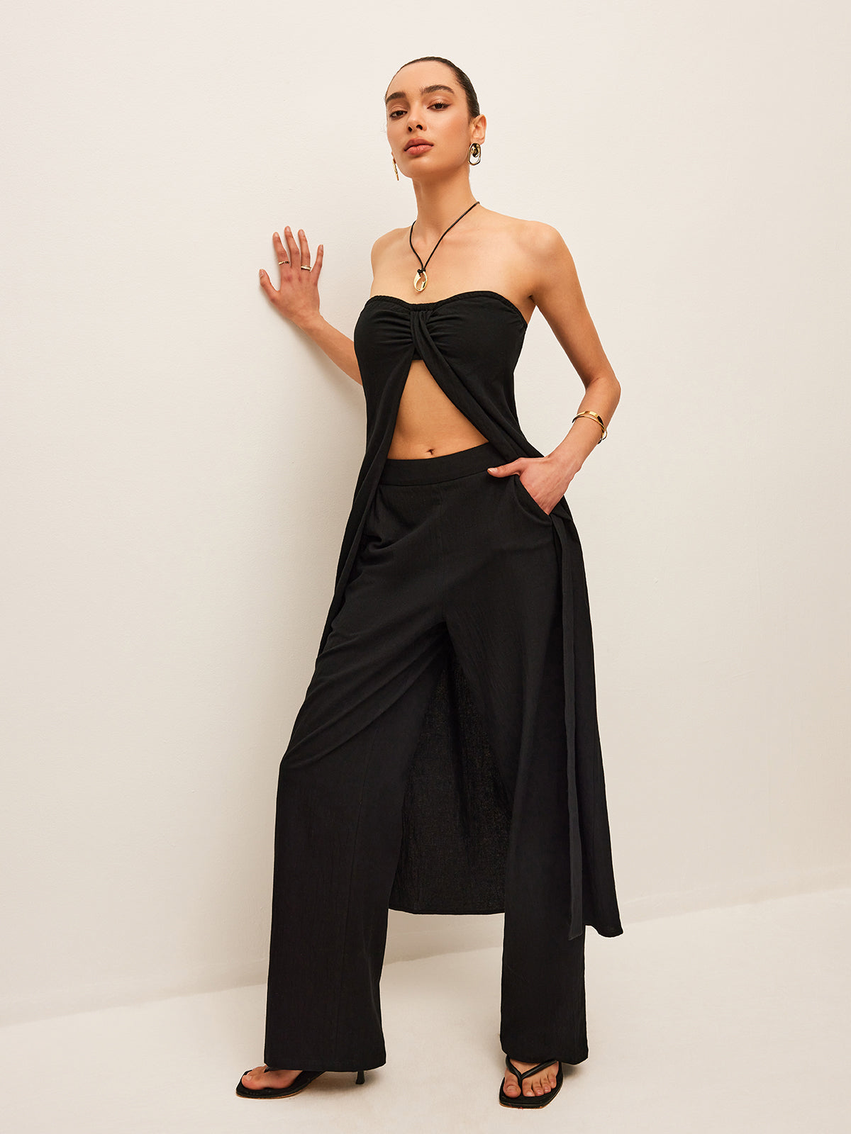 Set aus Baumwoll-Leinen-Top mit Bindedetail und Hose