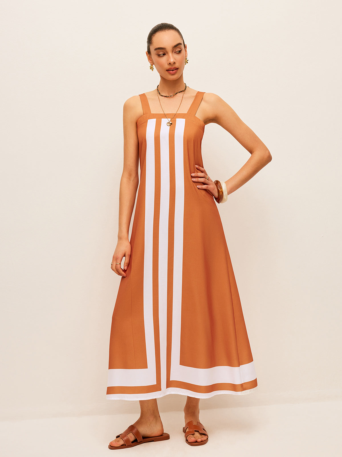 Robe à col carré et à blocs de couleur