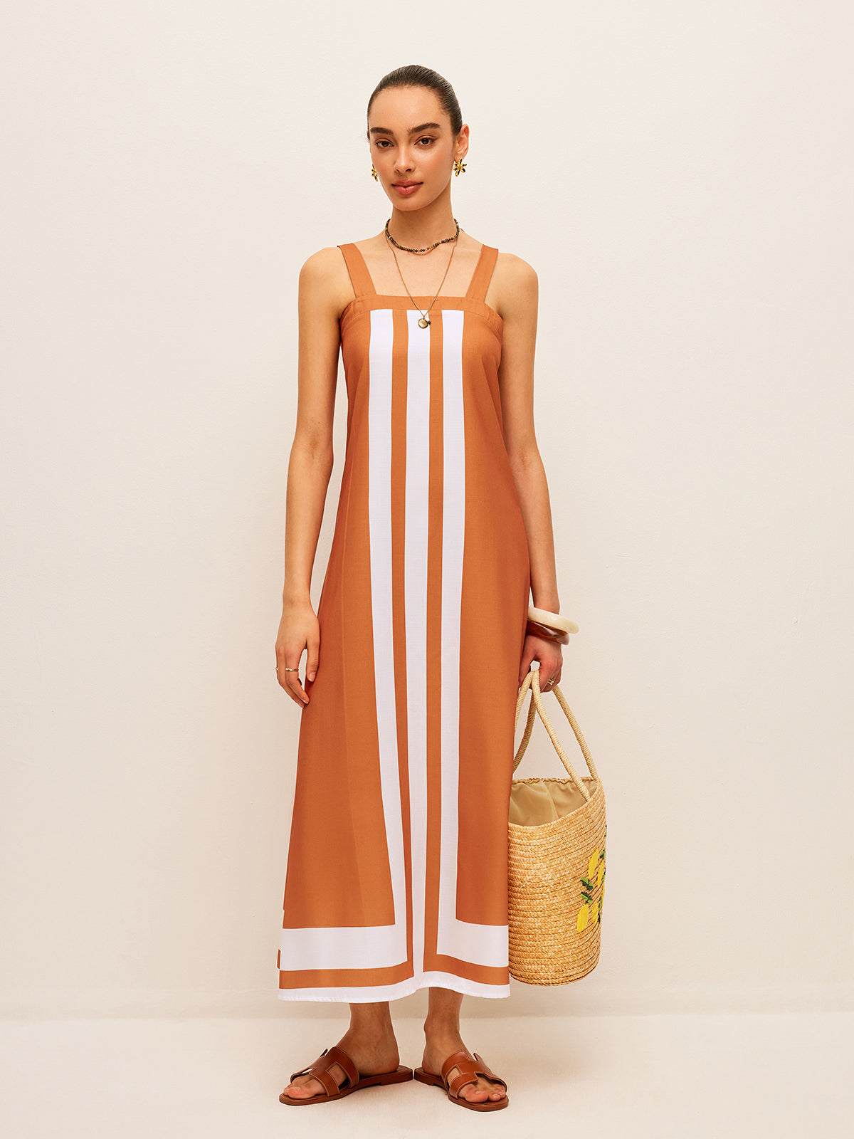 Robe à col carré et à blocs de couleur