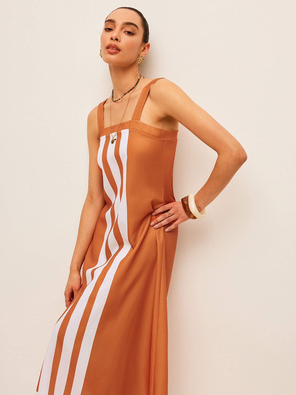 Robe à col carré et à blocs de couleur
