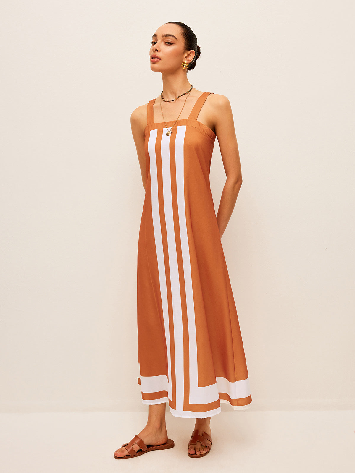 Robe à col carré et à blocs de couleur