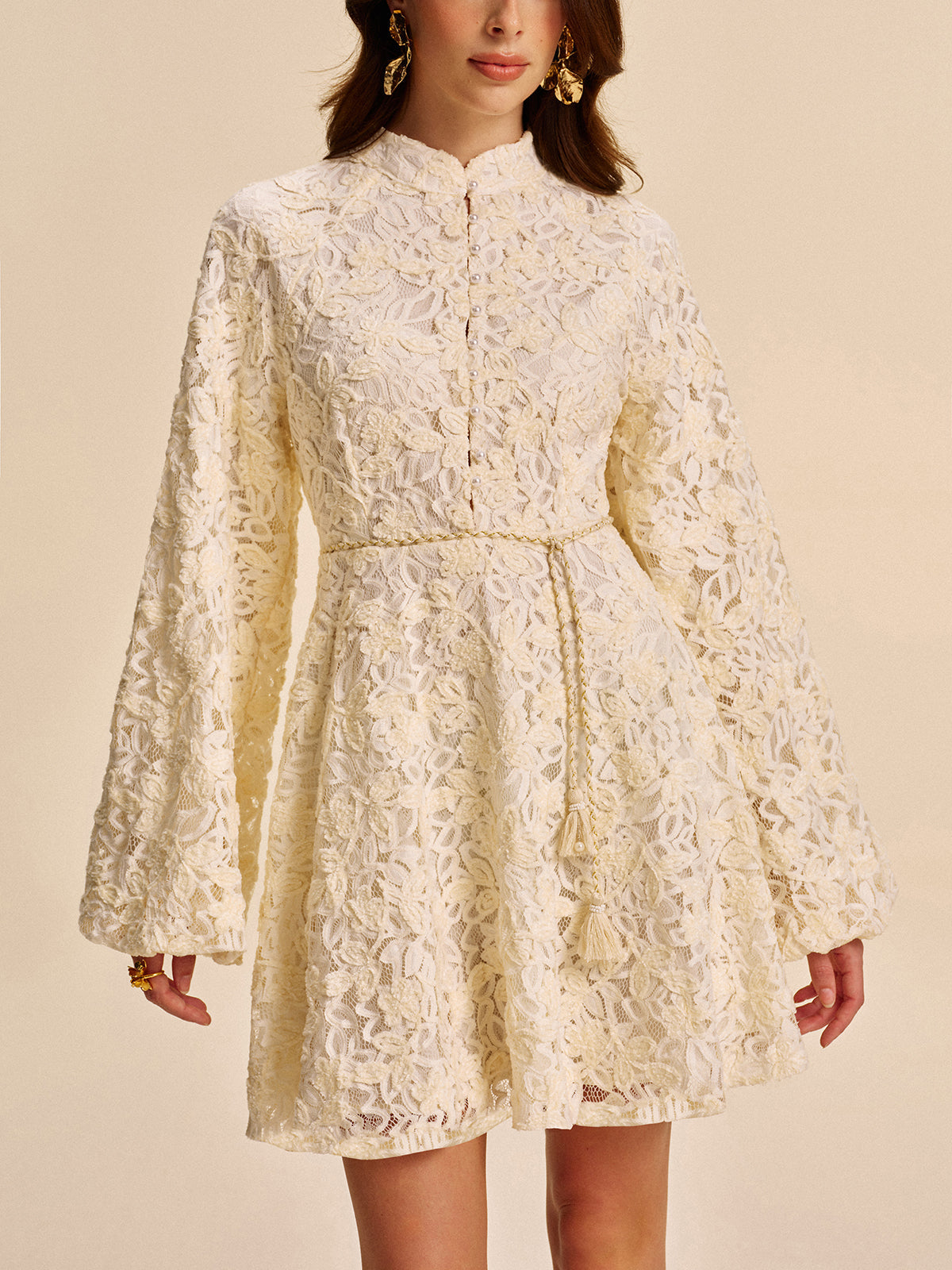 Lace Bell-Sleeve Dress With Belt
