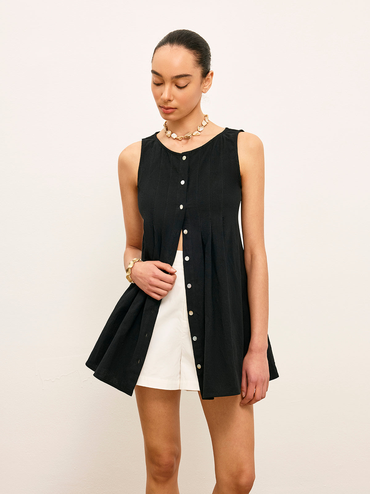 Haut plissé boutonné en coton et lin
