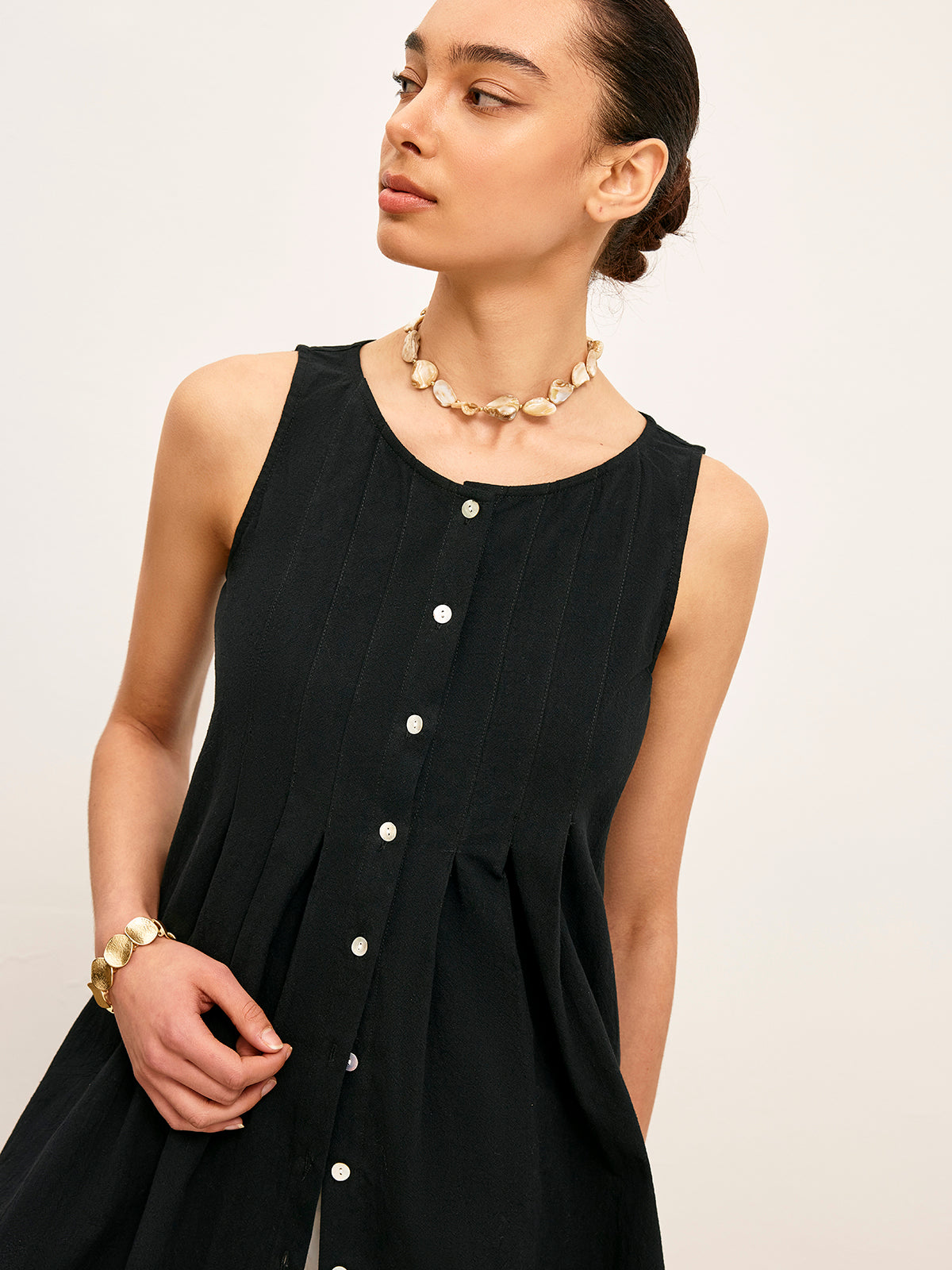 Cotton & Linen Pleated Button-Up Top